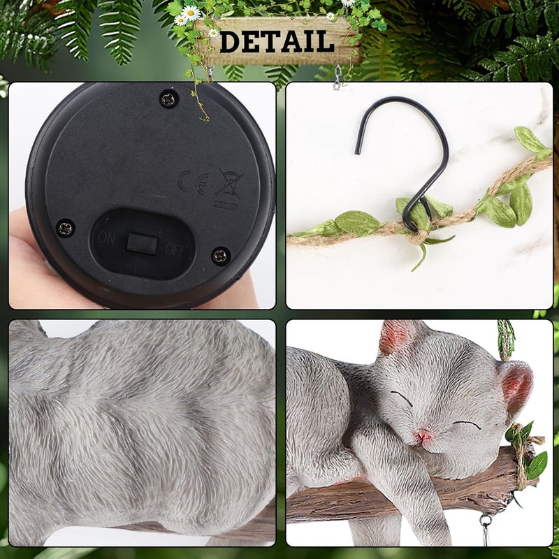 ZaaYee Solar Lighted Garden Outdoor Statue, 22.6" H Hanging Swing Lying with A Sleeping Cat and A LED Lantern, Resin Animal Figurine Hanging Ornaments with Hook for Decoration & Gift - Image 4